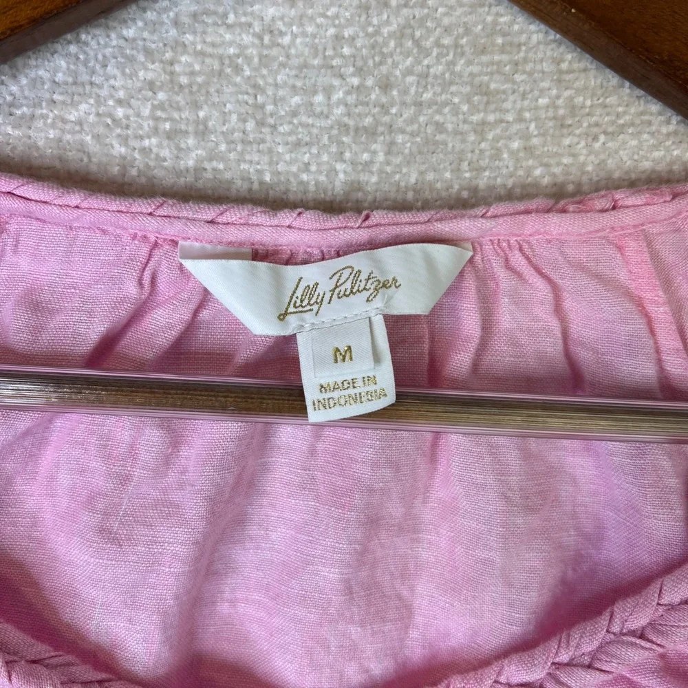 Lilly Pulitzer Pink 100% Linen Puff Sleeve Braided Trim Blouse Top Medium